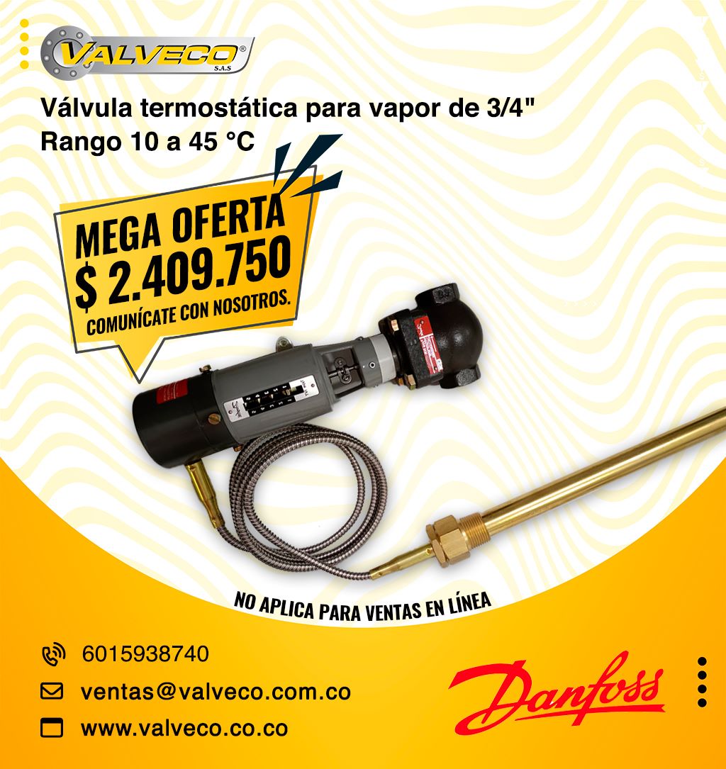 Válvula termostática para vapor de 3/4 in. Rango 10 a 45 °C