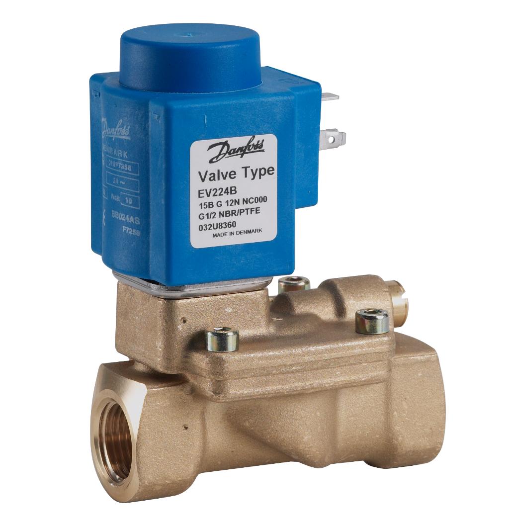 DANFOSS, Válvula solenoide servo operada, alta presión, golpe de ariete amortiguado EV224B